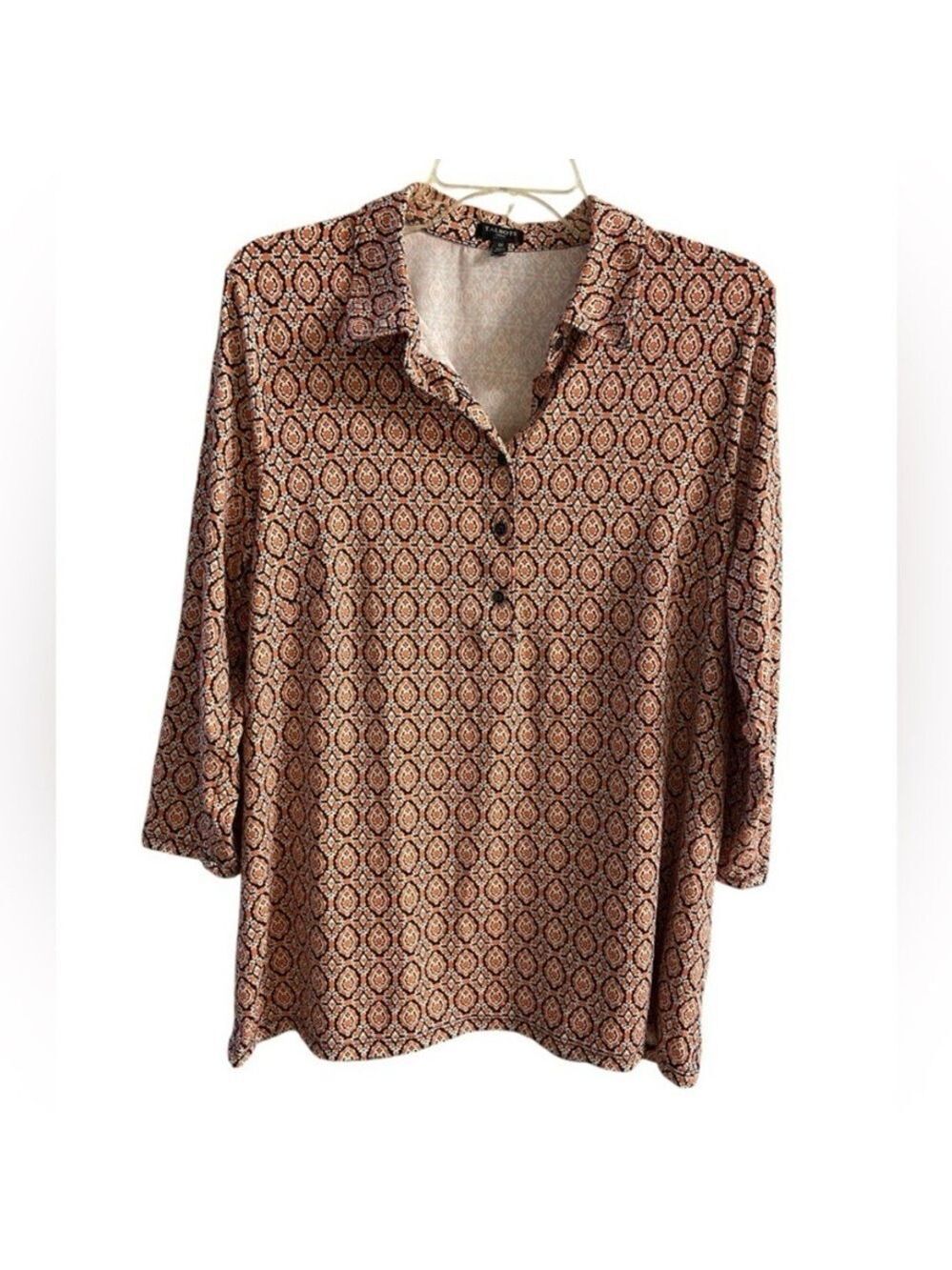 Talbots Coral navy Geo-Print 1/4 Button Down Tunic Top 1X